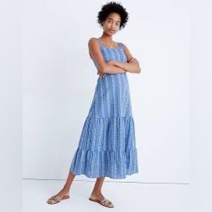 Madewell Dress Womens 10 Embroidered Button-Back Tiered Blue White Midi